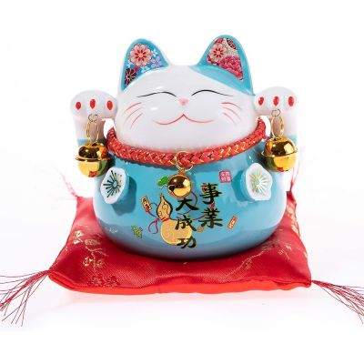 Skarbonka porcelanowa Maneki Neko, niebieska