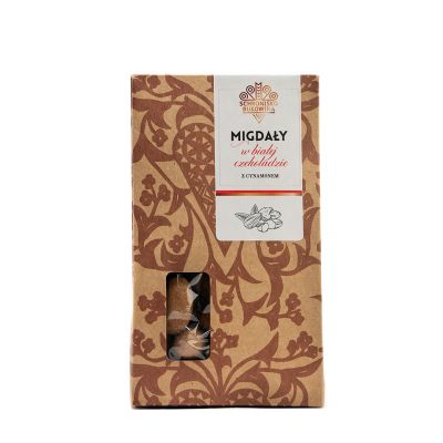 Pudełko migdałów w białej czekoladzie z cynamonem. 100 g 