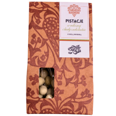 Pistacje w mlecznej i białej czekoladzie z solą morską 100g - Schronisko Bukowina